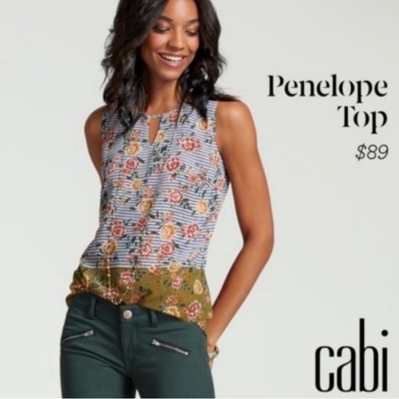 CAbi Penelope Tank Top - Floral and Stripe Mix. EUC size L. Retails $89 - Picture 1 of 12
